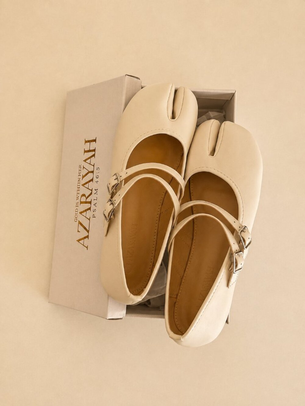 Tabi Split Tow Cream Split-Toe Mary Jane Flats with Double Buckle - Picture 6 of 6